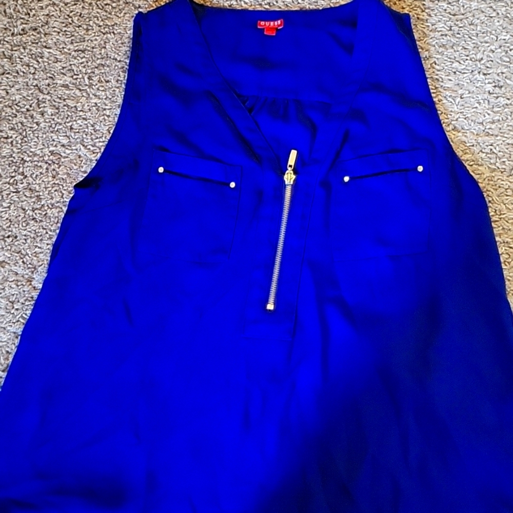 Guess, zippered flowing sleeveless blouse, Medium, Deep blue
